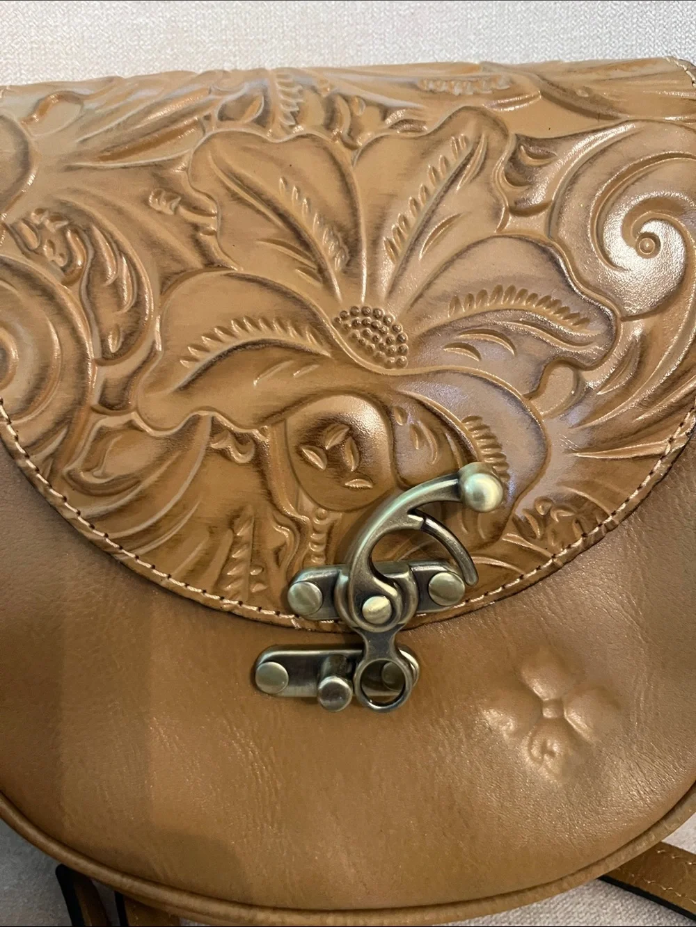 Patricia Nash Tan Floral Tooled Leather Crossbody Bag